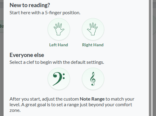 Screenshot of the Piano Quick Start modal